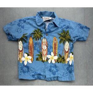Pacific Legend Shirt Boys 4T Blue Hawaiian Surfboard Floral Aloha Button Up USA‎